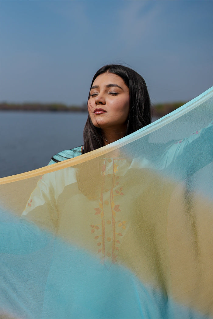 <img> Blue Cotton Kurta Set With Hand Embroidery