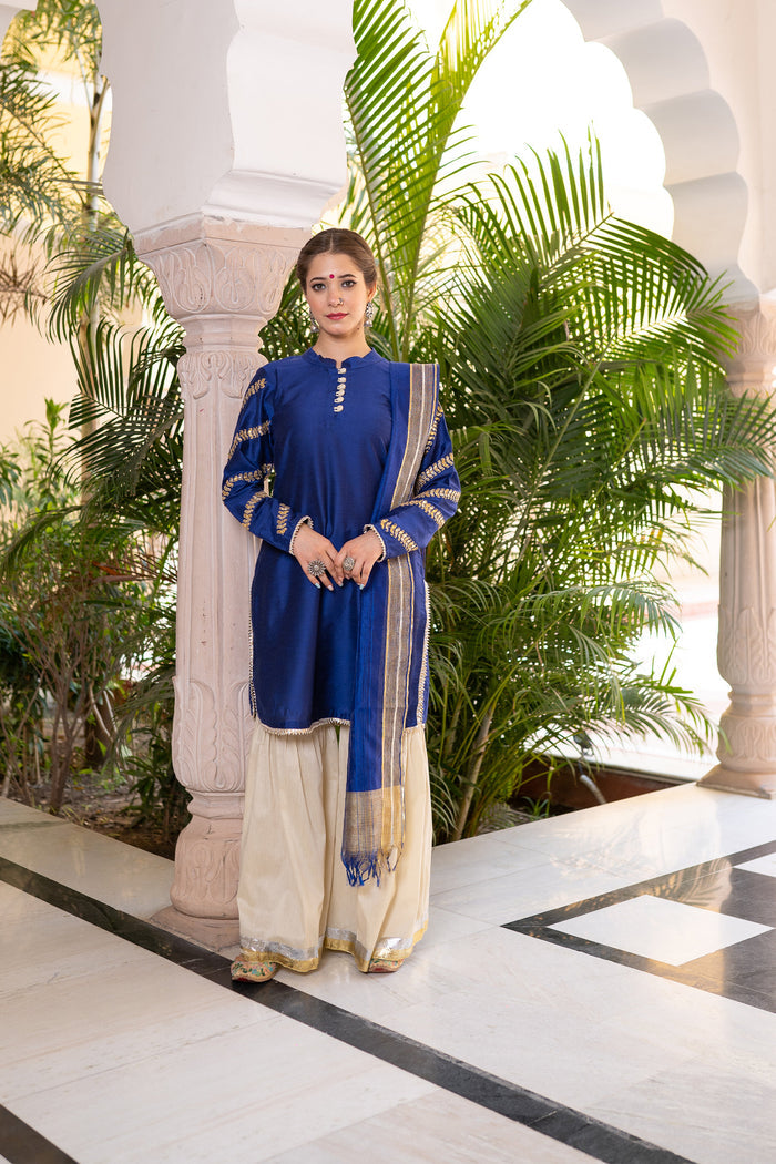 <img> Blue Cotton Silk Gota Patti Gharara Suit Set