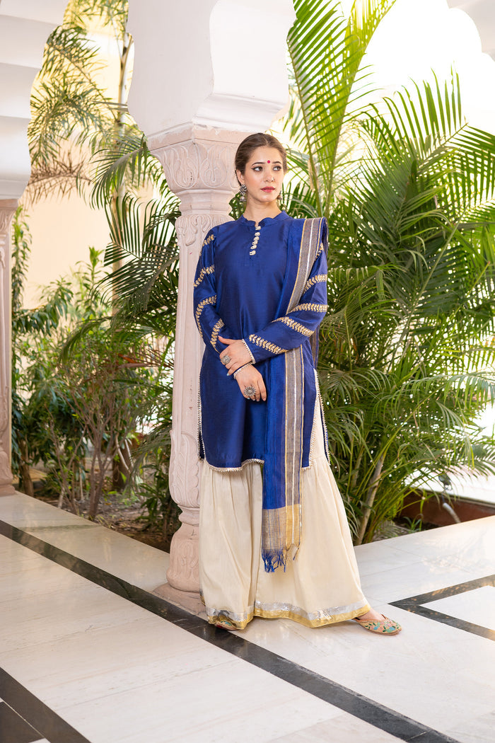 <img> Blue Cotton Silk Gota Patti Gharara Suit Set