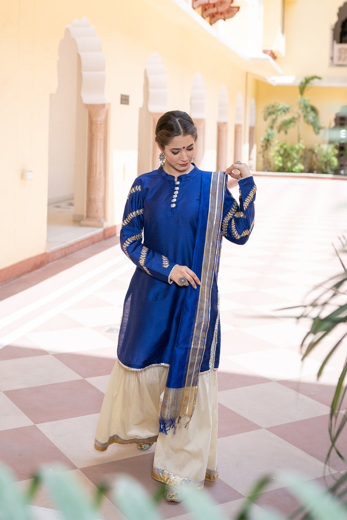 <img> Blue Cotton Silk Gota Patti Gharara Suit Set