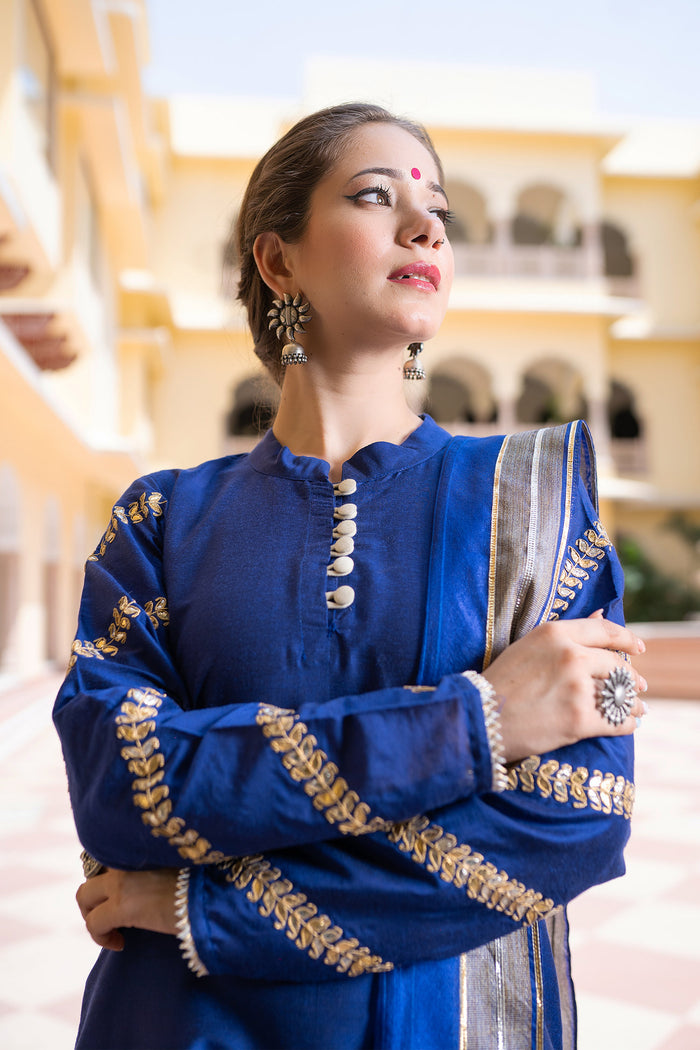 <img> Blue Cotton Silk Gota Patti Gharara Suit Set