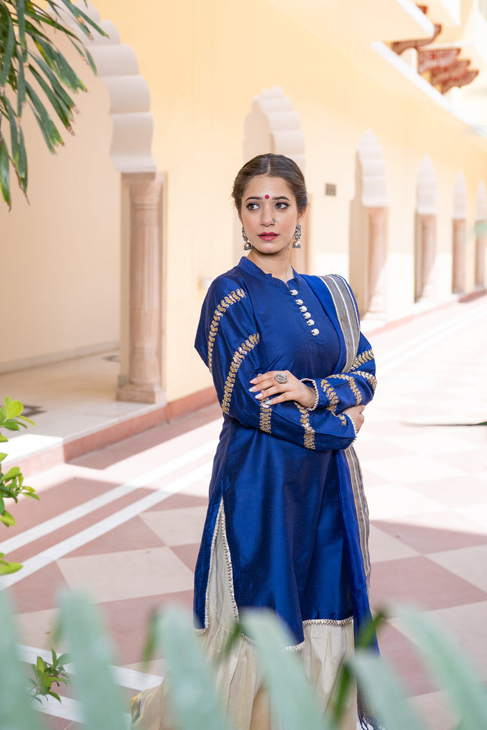 <img> Blue Cotton Silk Gota Patti Gharara Suit Set