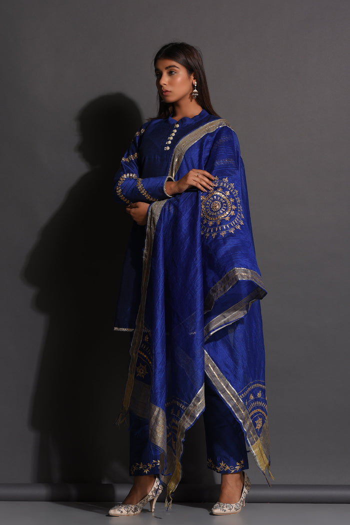 <img> Blue Cotton Silk Gota Patti Suit Set With Dupatta