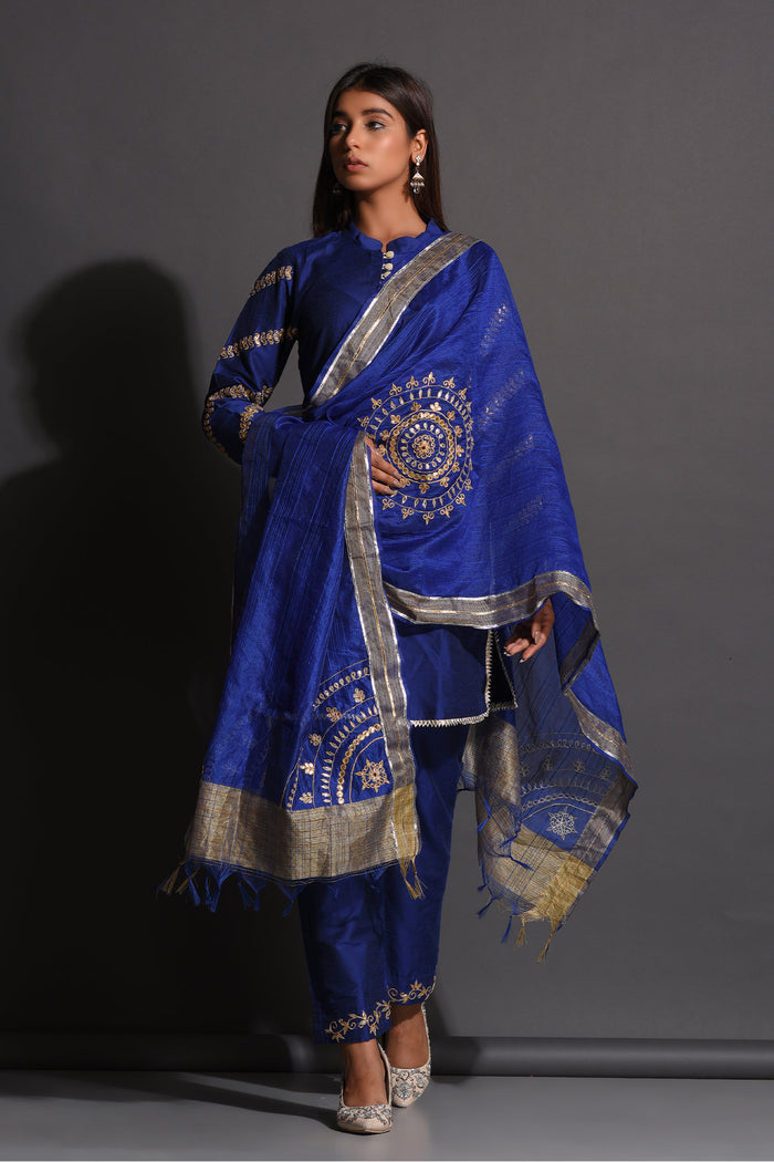 <img> Blue Cotton Silk Gota Patti Suit Set With Dupatta