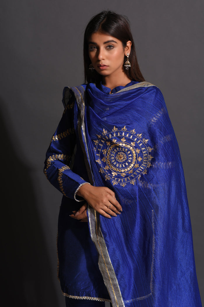 <img> Blue Cotton Silk Gota Patti Suit Set With Dupatta