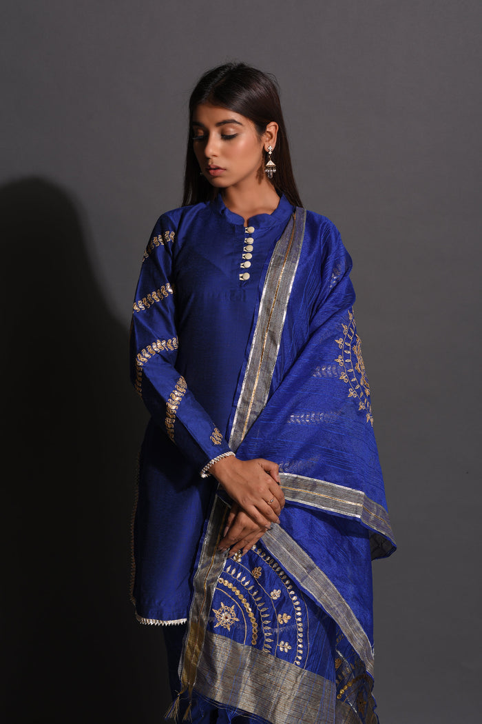 <img> Blue Cotton Silk Gota Patti Suit Set With Dupatta