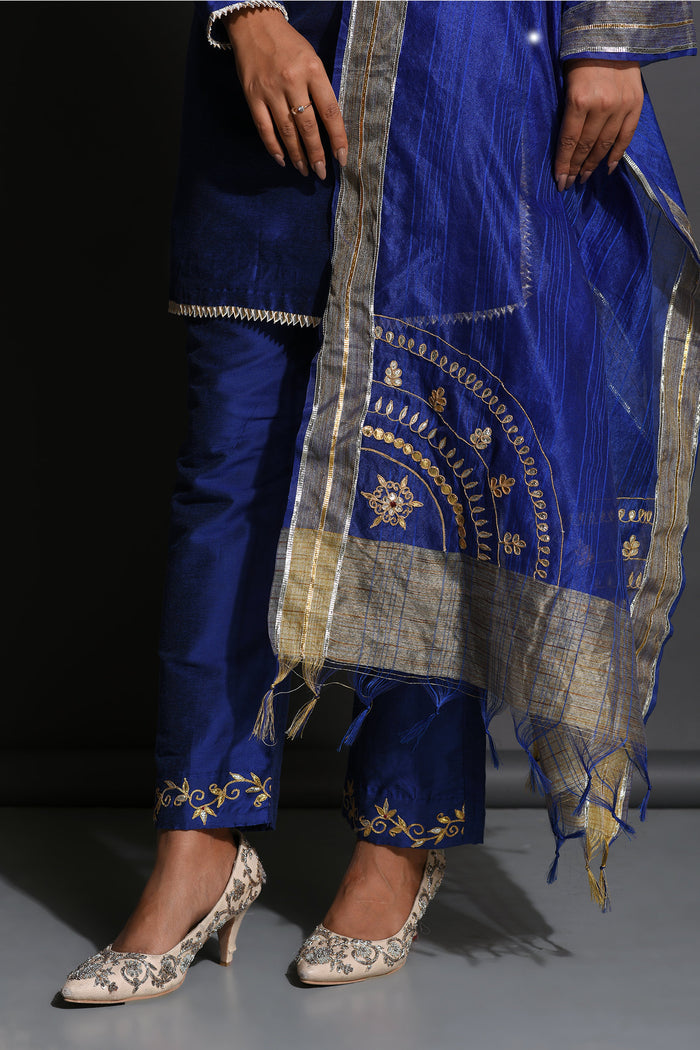 <img> Blue Cotton Silk Gota Patti Suit Set With Dupatta