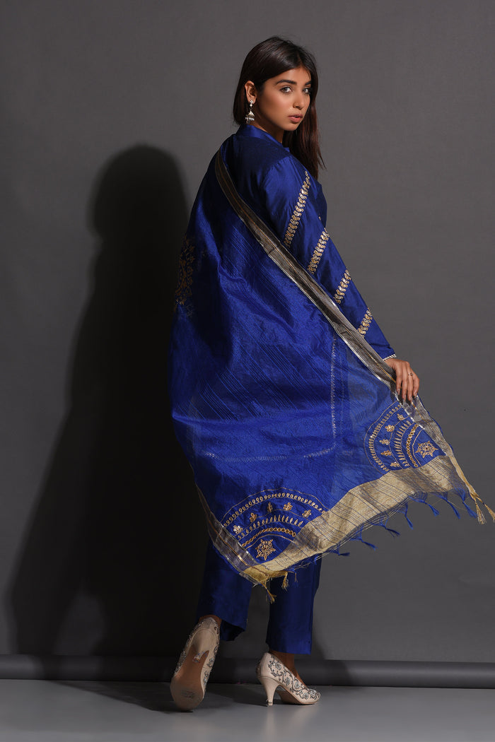 <img> Blue Cotton Silk Gota Patti Suit Set With Dupatta