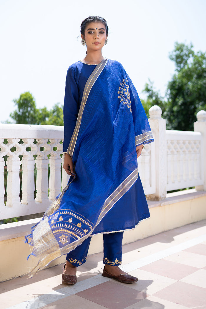 <img> Blue Cotton Silk Gota Patti Suit Set