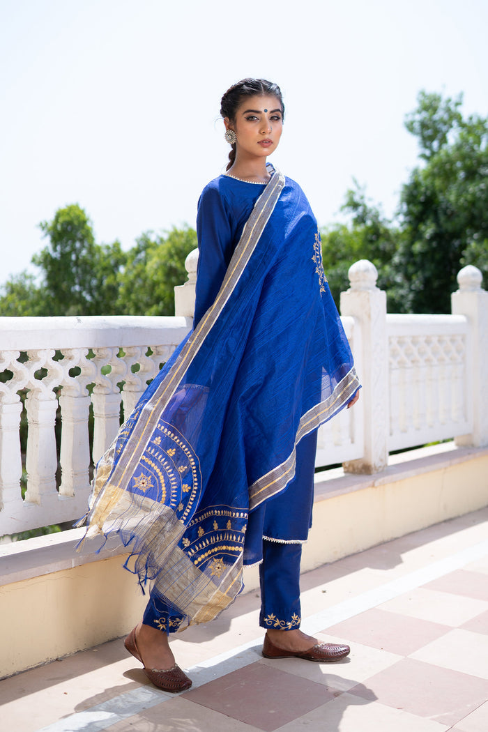 <img> Blue Cotton Silk Gota Patti Suit Set