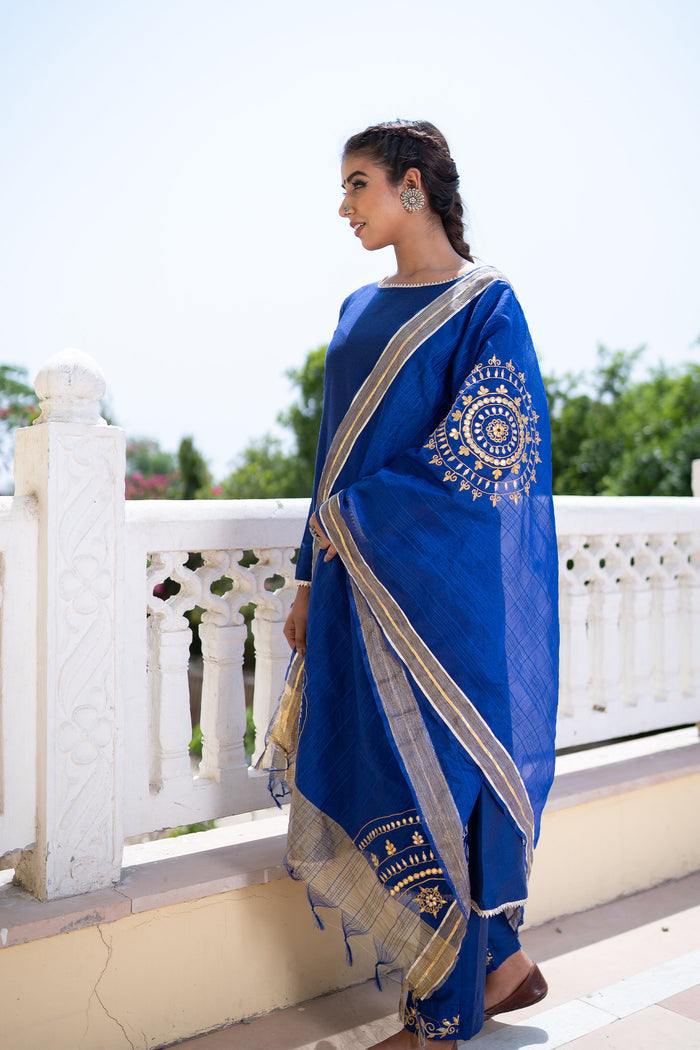 <img> Blue Cotton Silk Gota Patti Suit Set