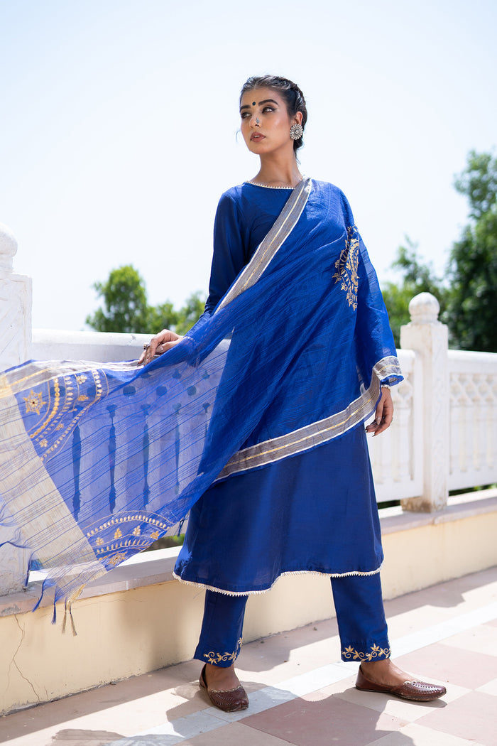 <img> Blue Cotton Silk Gota Patti Suit Set