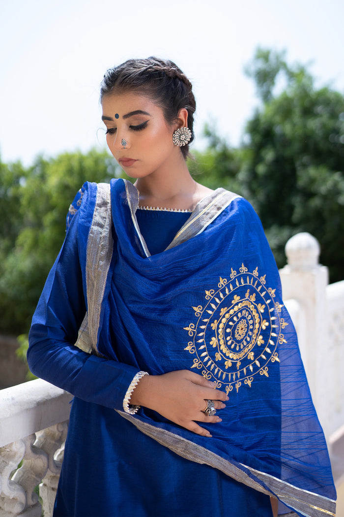 <img> Blue Cotton Silk Gota Patti Suit Set