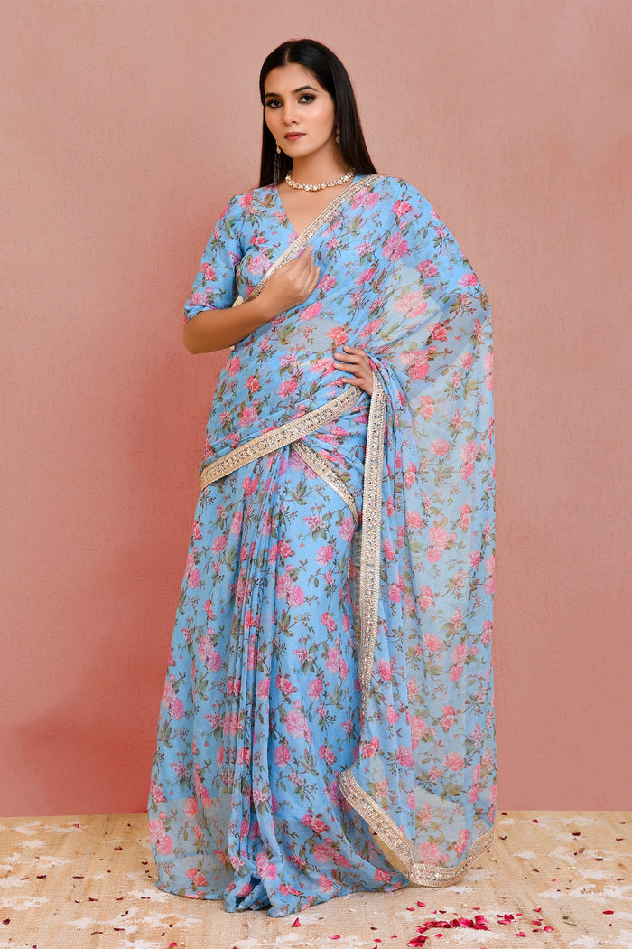 <img> Blue Georgette Ready-Made Saree With Floral Prints
