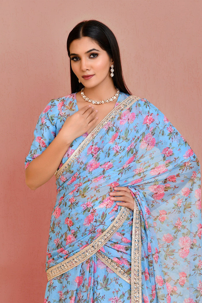 <img> Blue Georgette Ready-Made Saree With Floral Prints