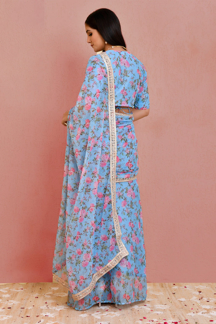 <img> Blue Georgette Ready-Made Saree With Floral Prints