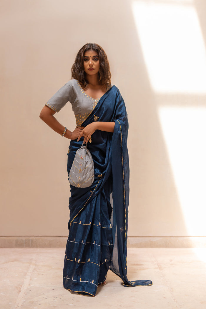 Blue Gota Patti Chinon Saree