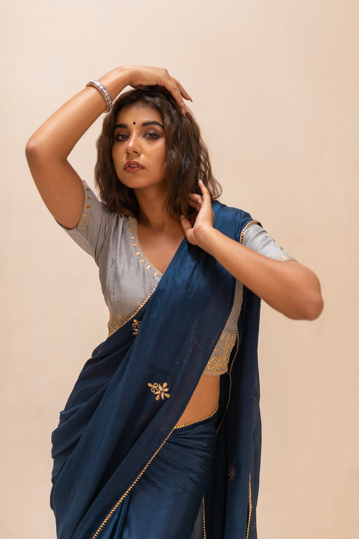 Blue Gota Patti Chinon Saree