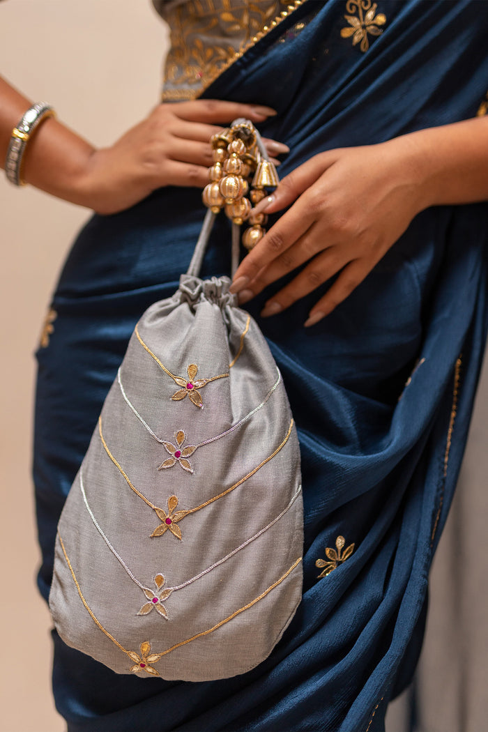 Blue Gota Patti Chinon Saree