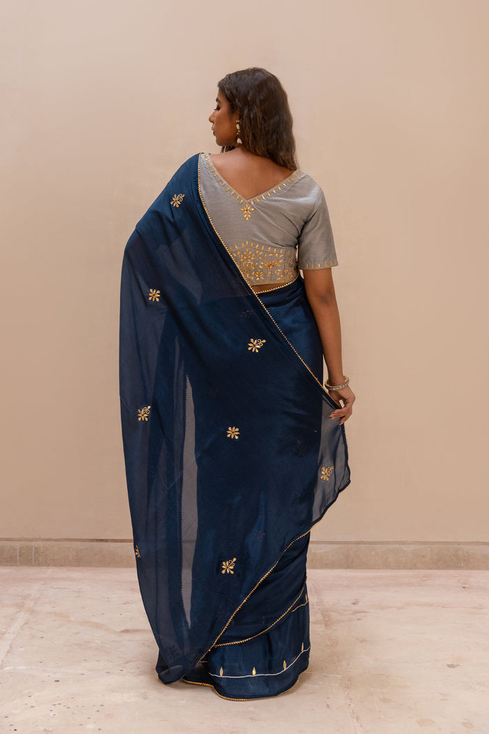 Blue Gota Patti Chinon Saree