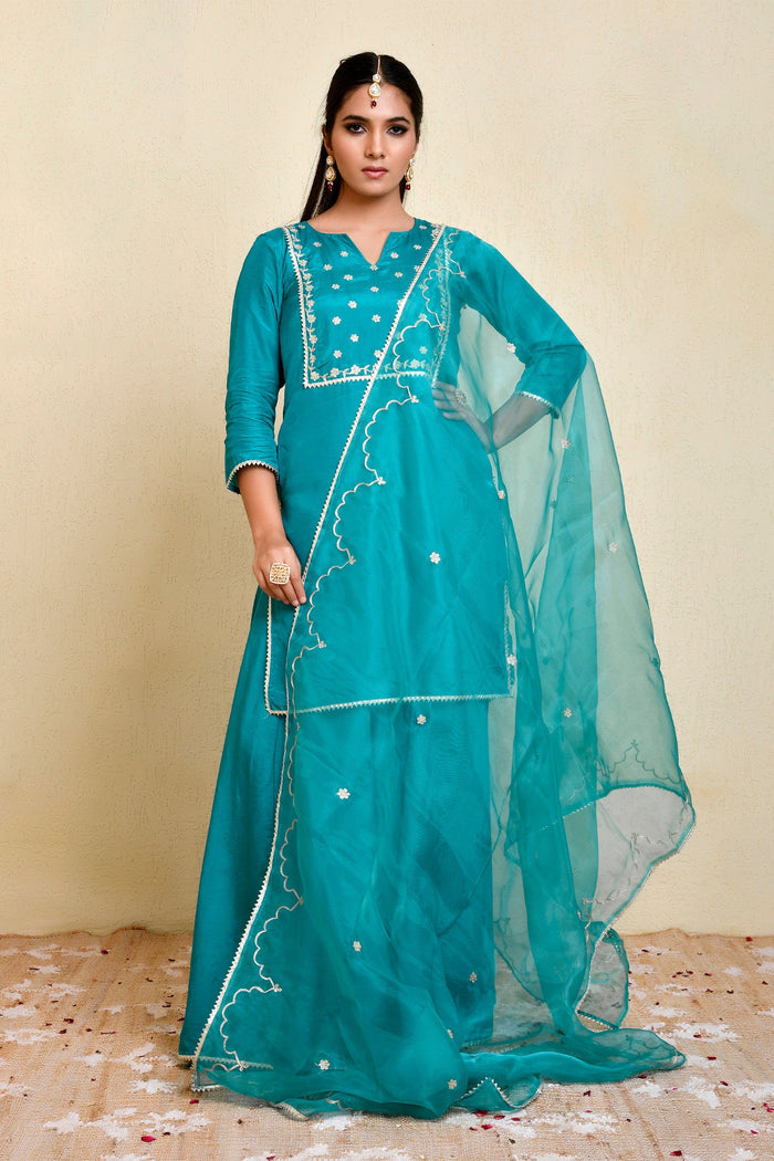 Blue Green Silk Kurti With Sharara And Dupatta