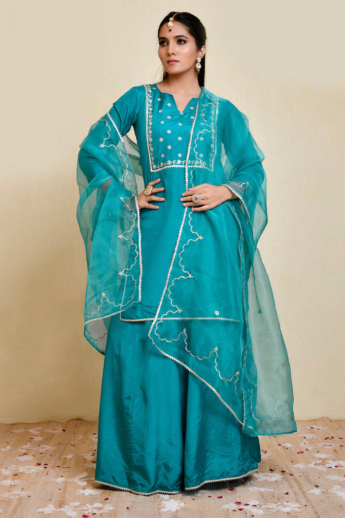 Blue Green Silk Kurti With Sharara And Dupatta