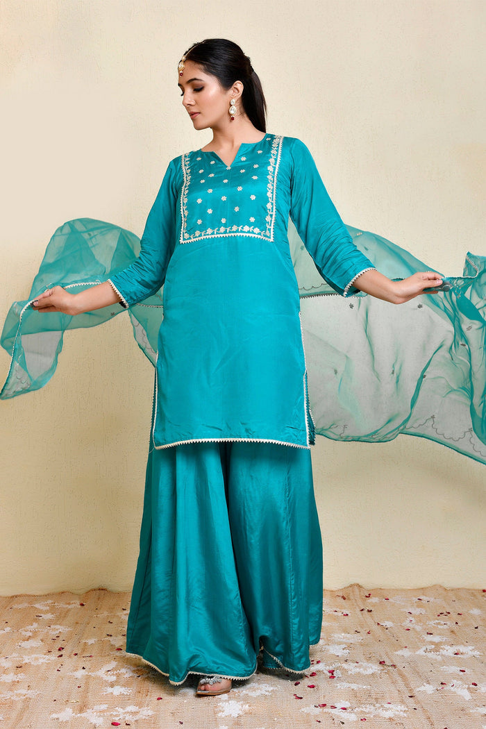Blue Green Silk Kurti With Sharara And Dupatta