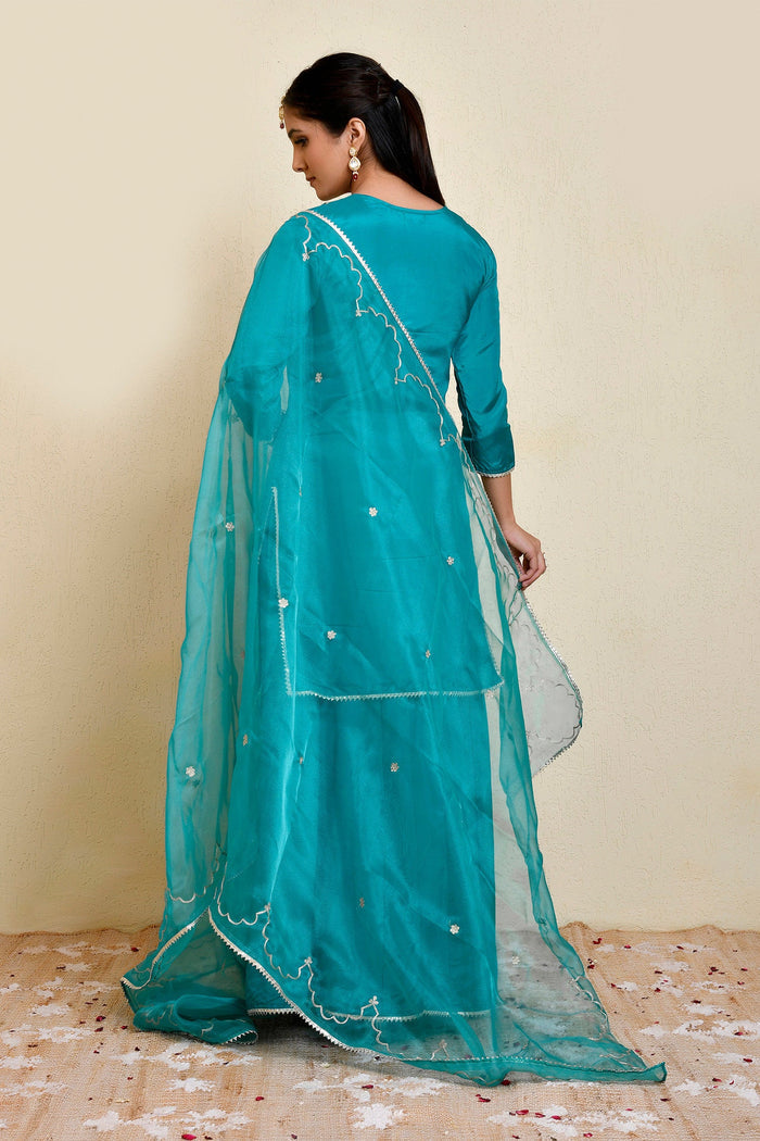 Blue Green Silk Kurti With Sharara And Dupatta