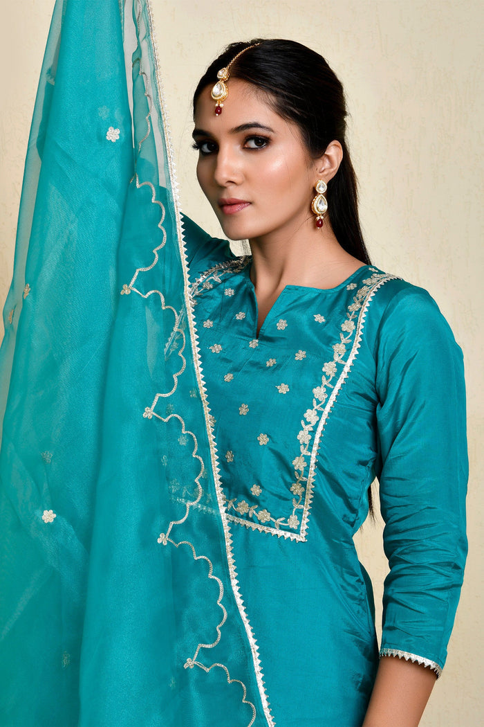 Blue Green Silk Kurti With Sharara And Dupatta