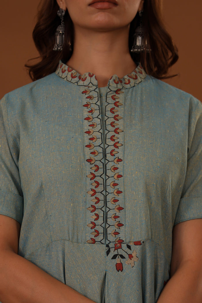 <img> Blue Handcrafted Double Side Drape Cotton Chola Dress
