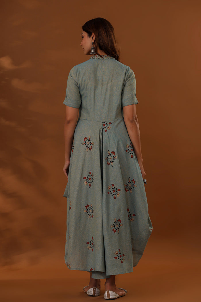 <img> Blue Handcrafted Double Side Drape Cotton Chola Dress