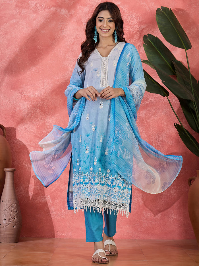 Blue Ombre Embroidered Cotton Kurta Set