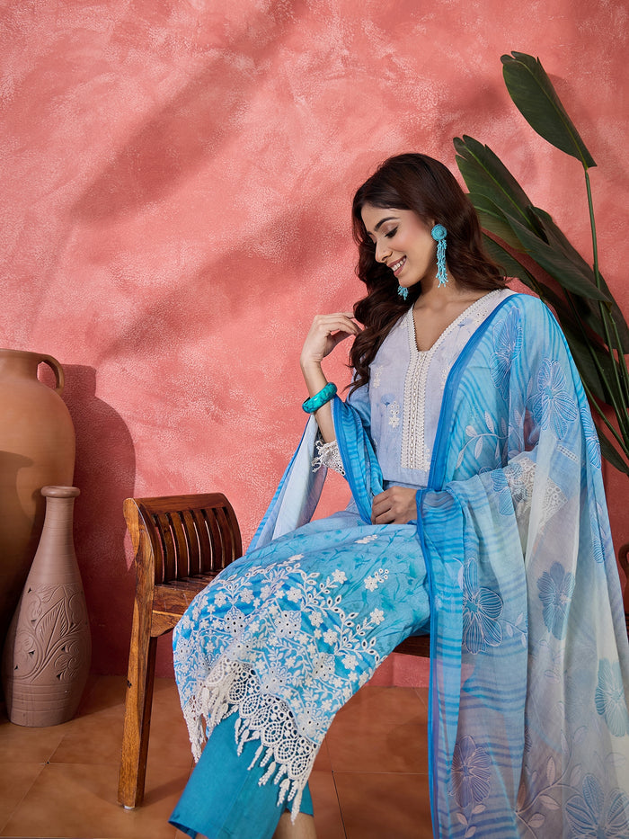 Blue Ombre Embroidered Cotton Kurta Set