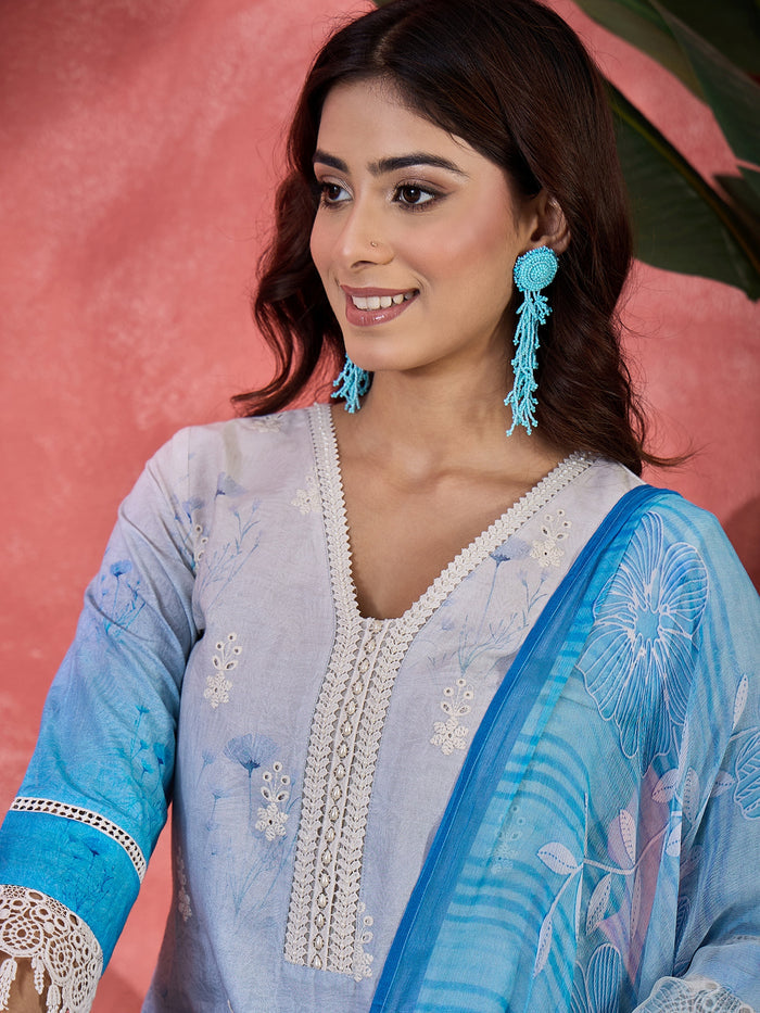 Blue Ombre Embroidered Cotton Kurta Set