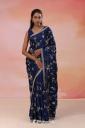 Blue Zodiac Satin Silk Saree With Fancy Border