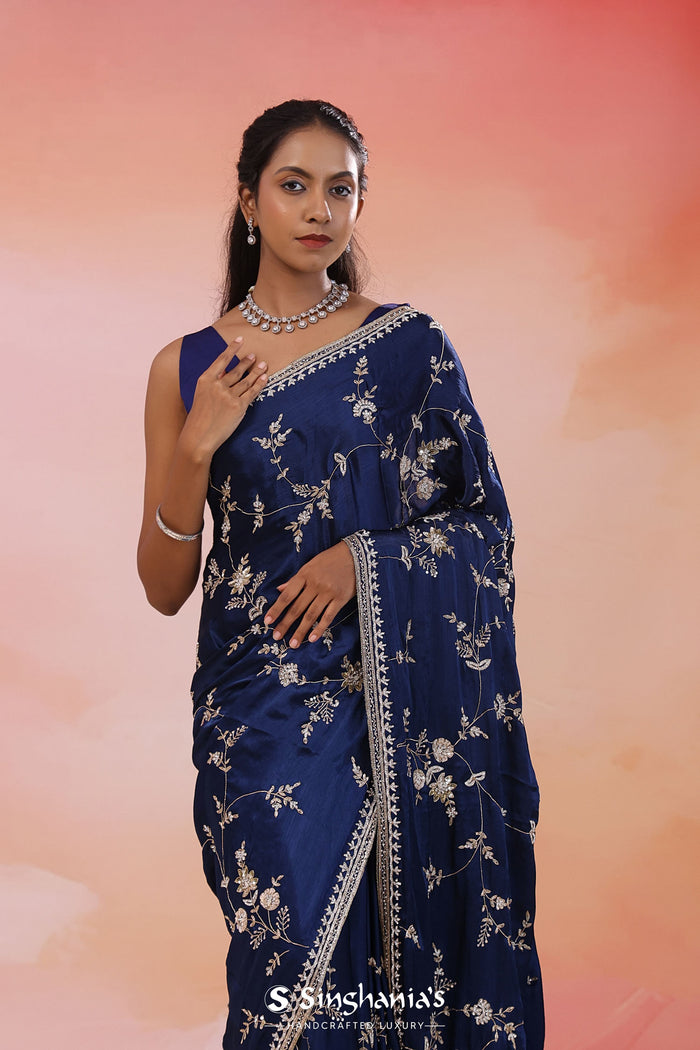 Blue Zodiac Satin Silk Saree With Fancy Border