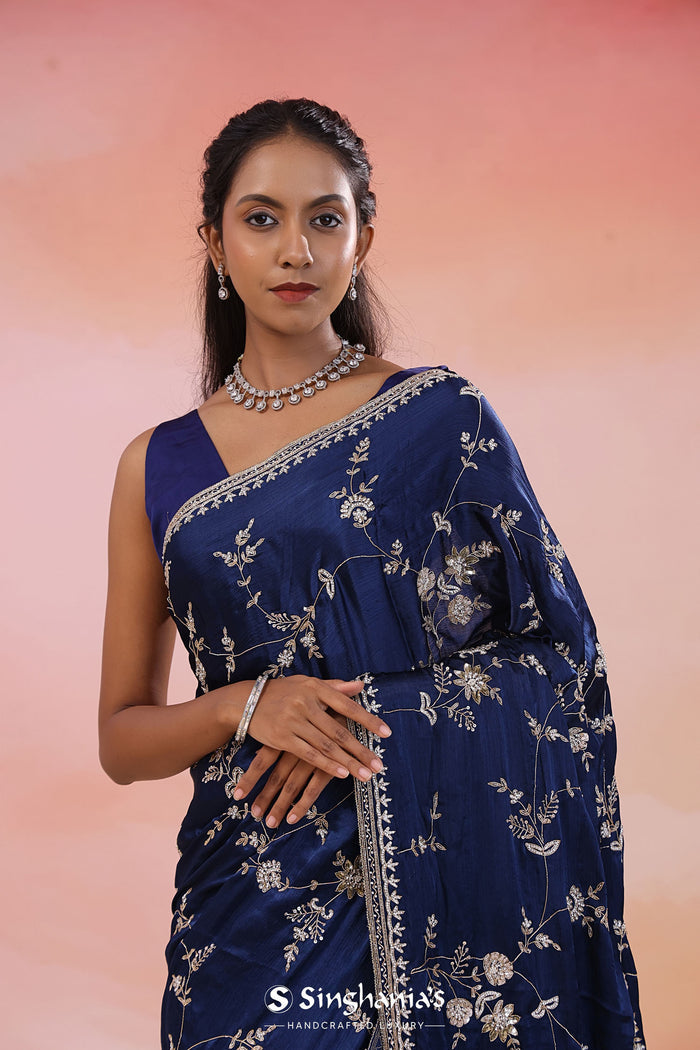 Blue Zodiac Satin Silk Saree With Fancy Border
