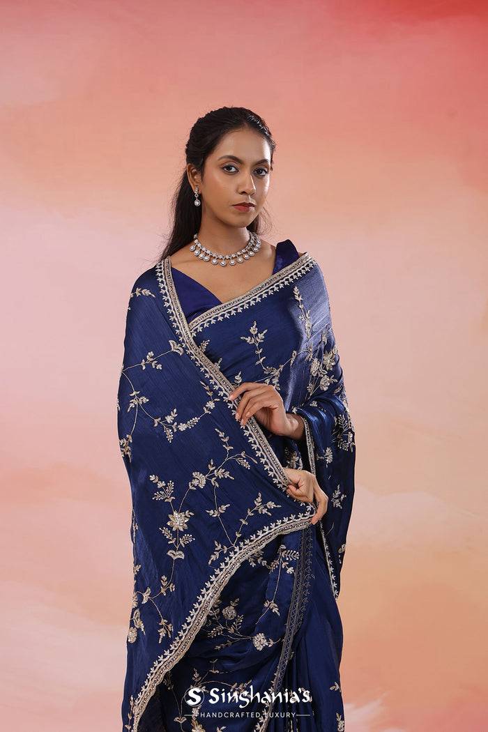 Blue Zodiac Satin Silk Saree With Fancy Border