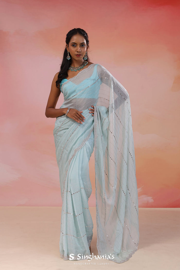 Bluish Gray Organza Saree With Scallop Border