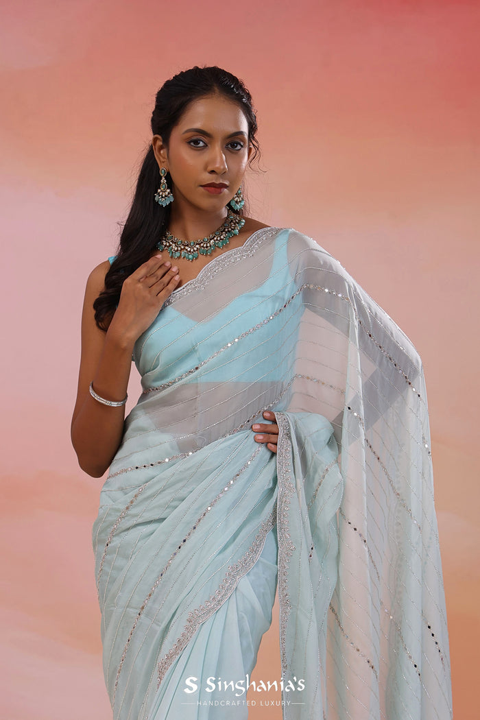 Bluish Gray Organza Saree With Scallop Border