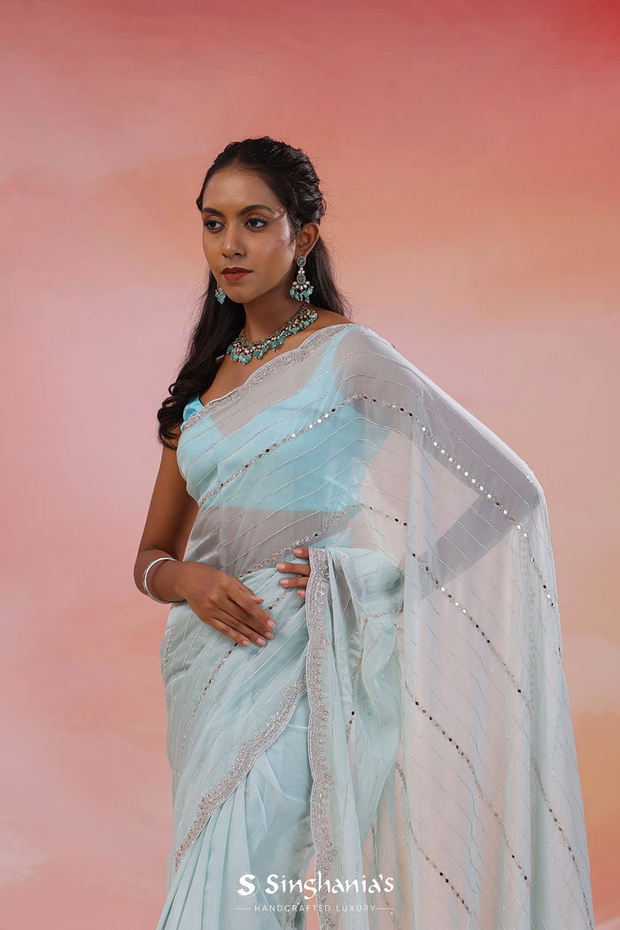 Bluish Gray Organza Saree With Scallop Border