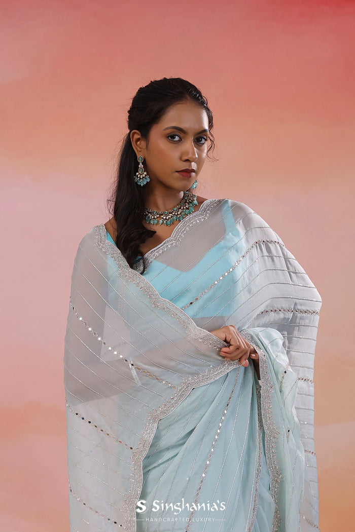 Bluish Gray Organza Saree With Scallop Border