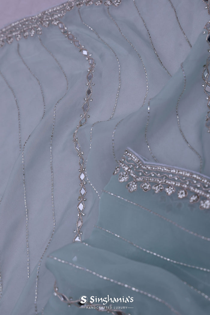 Bluish Gray Organza Saree With Scallop Border