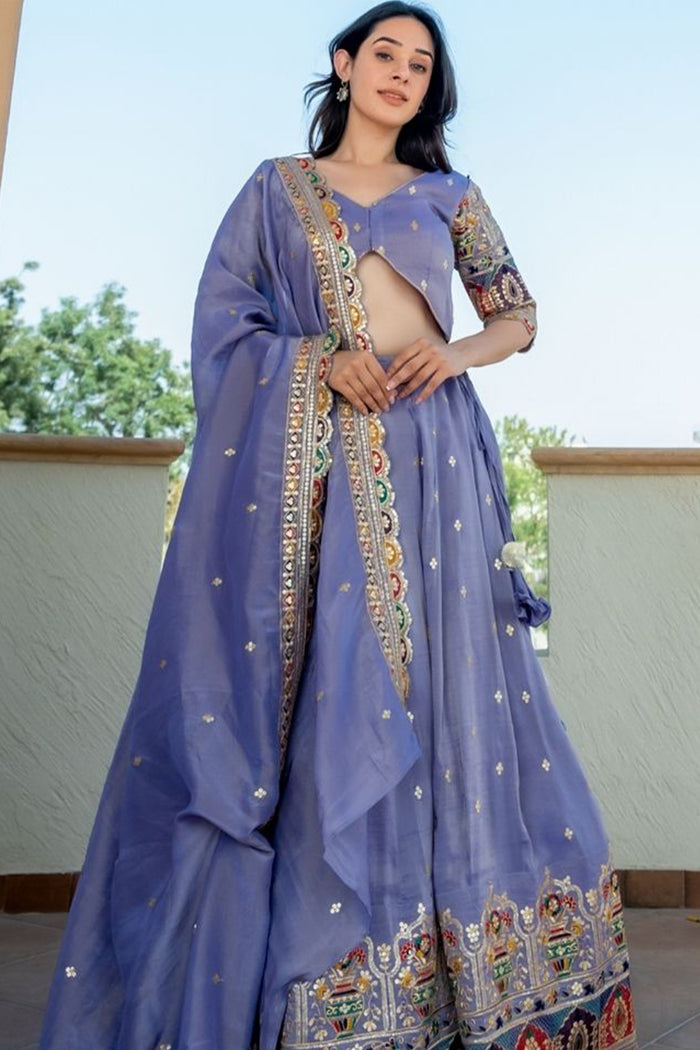 <img> Bluish Lilac Tissue Embroidered Lehenga Set