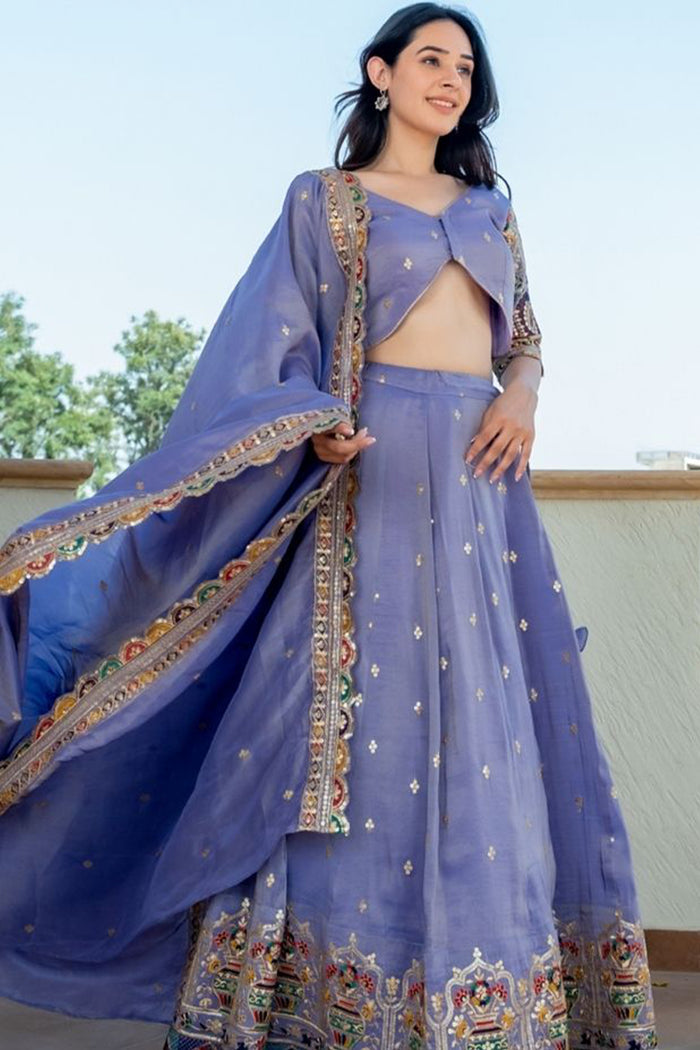 <img> Bluish Lilac Tissue Embroidered Lehenga Set