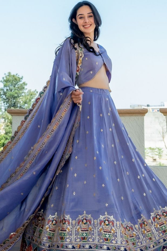 <img> Bluish Lilac Tissue Embroidered Lehenga Set