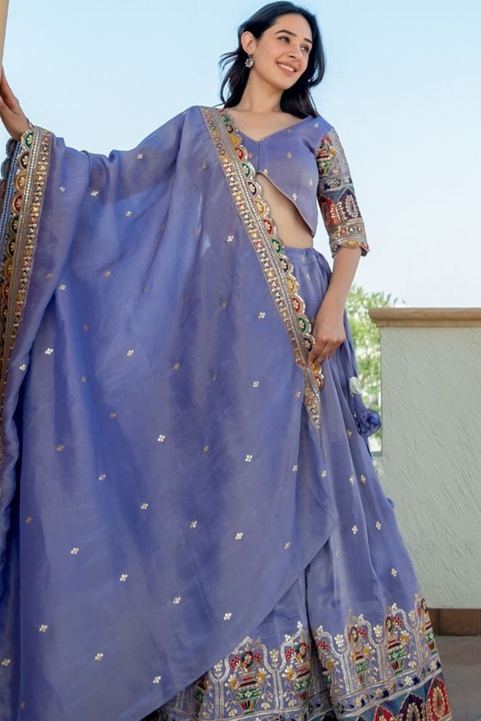 <img> Bluish Lilac Tissue Embroidered Lehenga Set