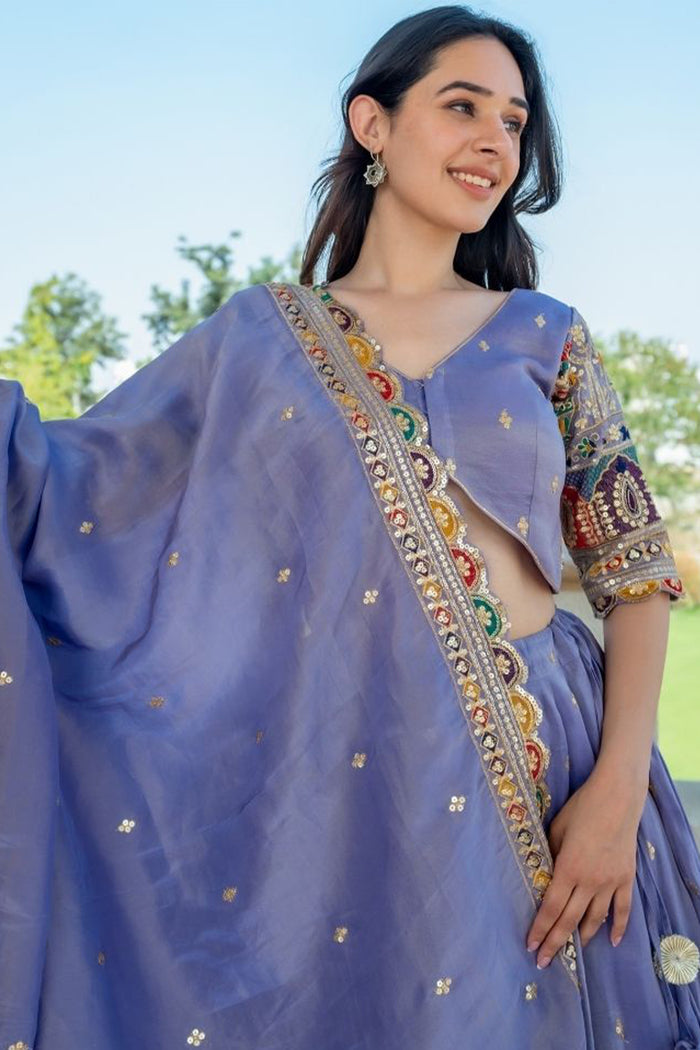 <img> Bluish Lilac Tissue Embroidered Lehenga Set