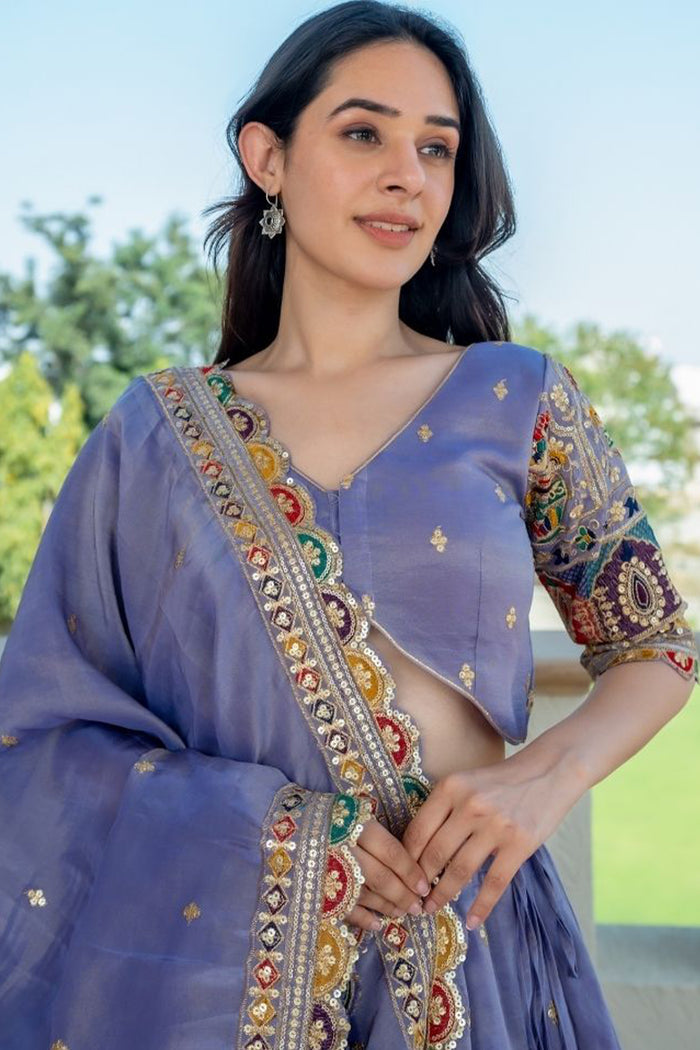 <img> Bluish Lilac Tissue Embroidered Lehenga Set