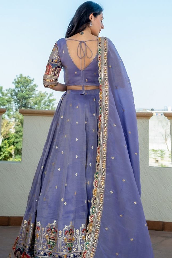 <img> Bluish Lilac Tissue Embroidered Lehenga Set